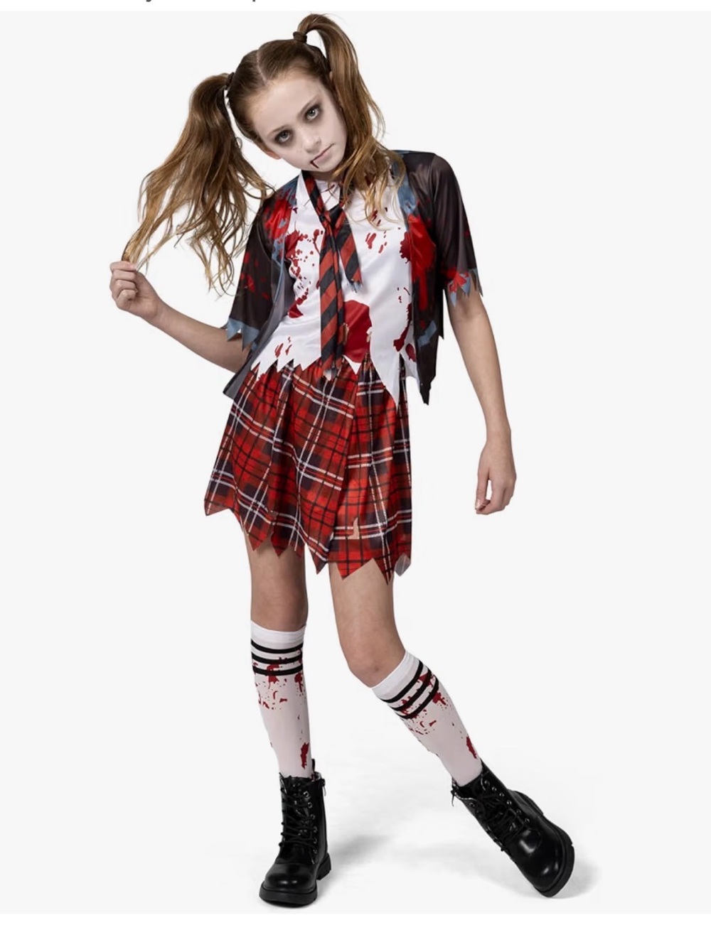 Kids Bloody Schoolgirl Costume Set - Red & White Plaid 5-7